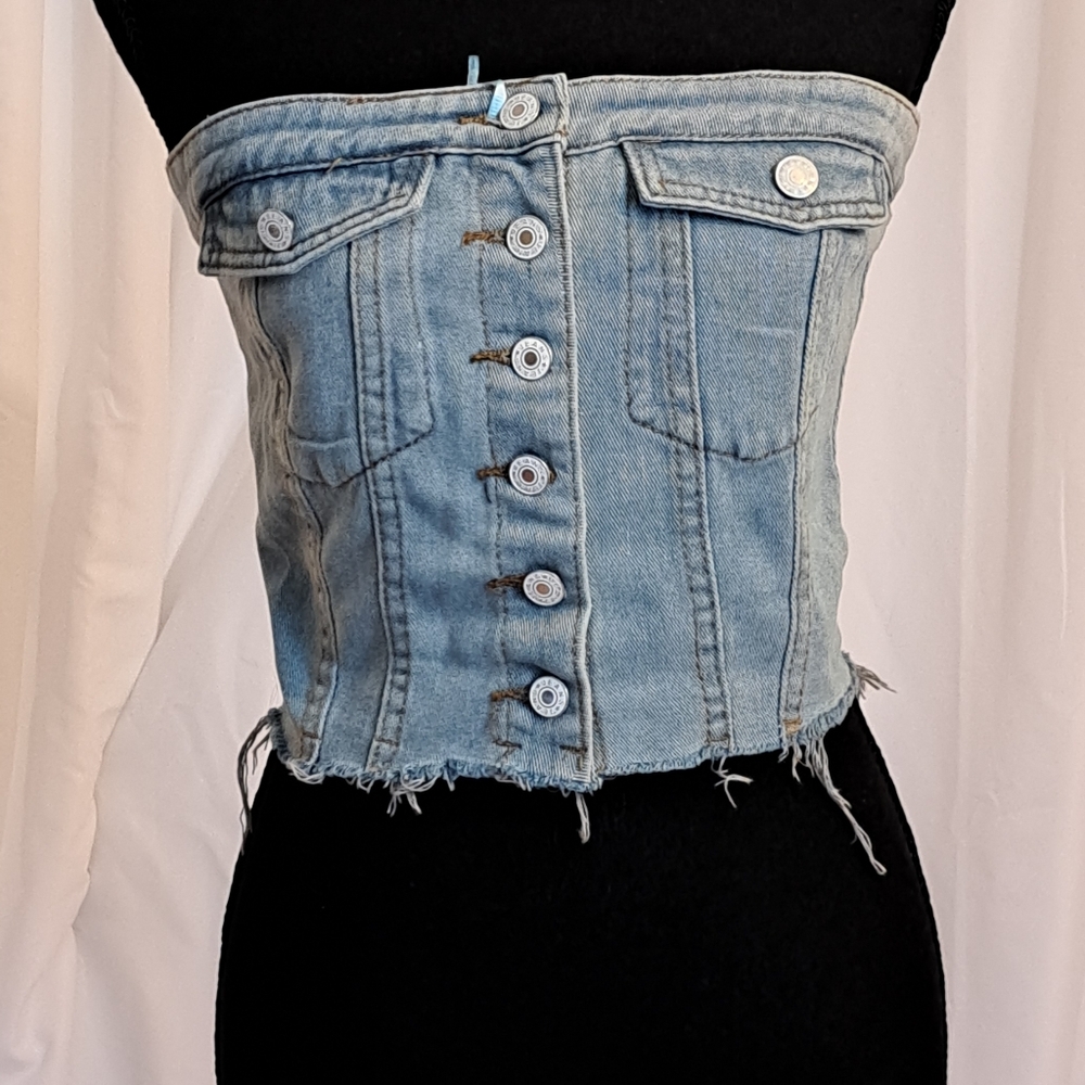 #005.B Source Unknown Sz M Denim Vest Corset Crop Button Down Top - Picture 4 of 13